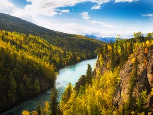 Preview wallpaper river, rocks, trees, forest, autumn, valley