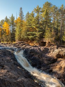 Preview wallpaper river, rocks, trees, autumn, sky