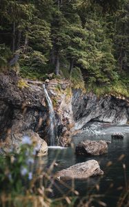 Preview wallpaper river, rocks, trees, waterfall, nature