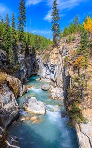 Preview wallpaper river, rocks, trees, canyon, landscape, nature