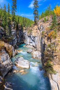 Preview wallpaper river, rocks, trees, canyon, landscape, nature