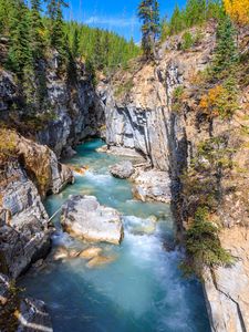 Preview wallpaper river, rocks, trees, canyon, landscape, nature