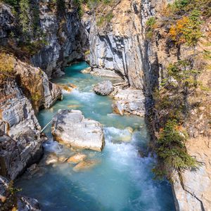 Preview wallpaper river, rocks, trees, canyon, landscape, nature