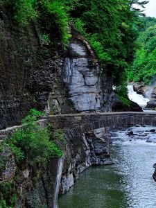 Preview wallpaper river, rocks, trees, bridges, steps, landscape