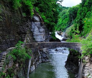 Preview wallpaper river, rocks, trees, bridges, steps, landscape