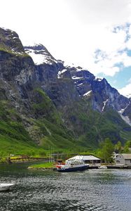 Preview wallpaper river, sea, boats, mountains, sky, grass