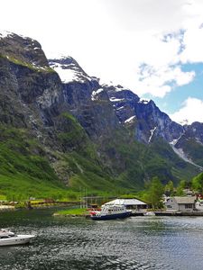 Preview wallpaper river, sea, boats, mountains, sky, grass