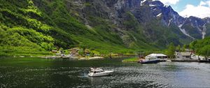 Preview wallpaper river, sea, boats, mountains, sky, grass