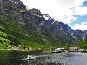 Preview wallpaper river, sea, boats, mountains, sky, grass