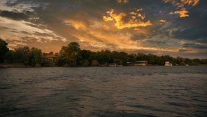 Preview wallpaper river, sea, trees, shore, houses, nature