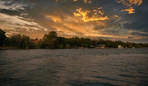 Preview wallpaper river, sea, trees, shore, houses, nature