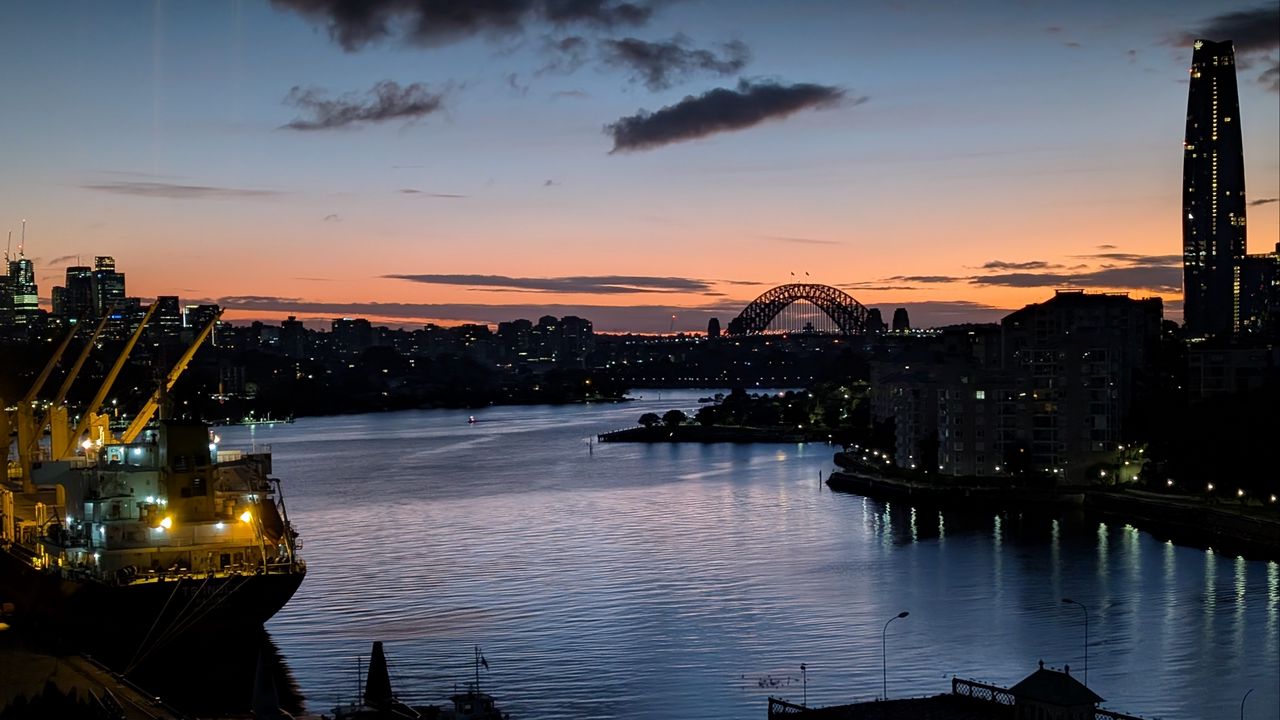 Wallpaper river, ship, bridge, city, sunset, dark