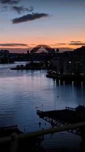 Preview wallpaper river, ship, bridge, city, sunset, dark