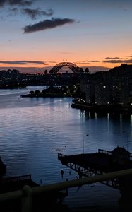 Preview wallpaper river, ship, bridge, city, sunset, dark