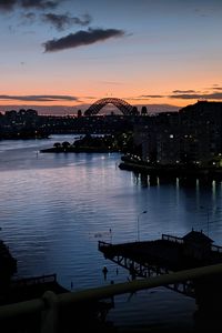 Preview wallpaper river, ship, bridge, city, sunset, dark