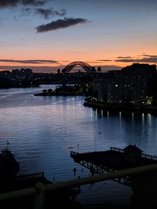 Preview wallpaper river, ship, bridge, city, sunset, dark