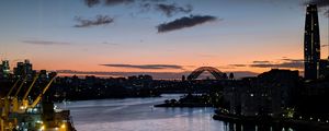 Preview wallpaper river, ship, bridge, city, sunset, dark