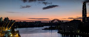 Preview wallpaper river, ship, bridge, city, sunset, dark