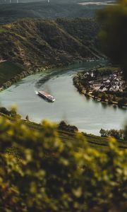 Preview wallpaper river, ship, buildings, shore, landscape