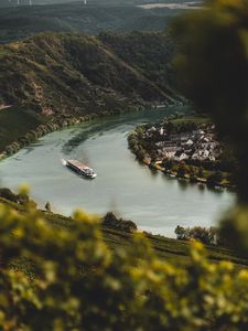 Preview wallpaper river, ship, buildings, shore, landscape