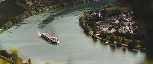 Preview wallpaper river, ship, buildings, shore, landscape