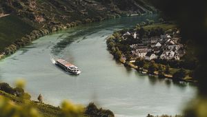 Preview wallpaper river, ship, buildings, shore, landscape