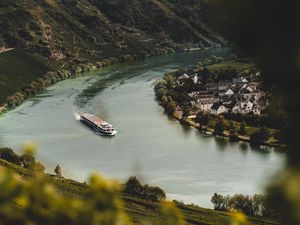 Preview wallpaper river, ship, buildings, shore, landscape