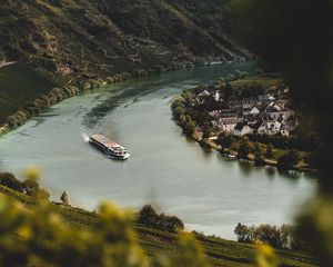 Preview wallpaper river, ship, buildings, shore, landscape