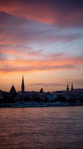 Preview wallpaper river, ship, towers, buildings, twilight, city