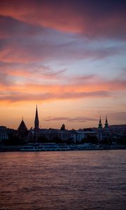 Preview wallpaper river, ship, towers, buildings, twilight, city