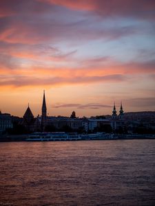 Preview wallpaper river, ship, towers, buildings, twilight, city