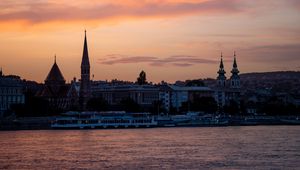 Preview wallpaper river, ship, towers, buildings, twilight, city