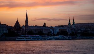 Preview wallpaper river, ship, towers, buildings, twilight, city