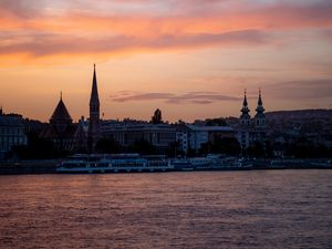 Preview wallpaper river, ship, towers, buildings, twilight, city