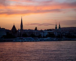 Preview wallpaper river, ship, towers, buildings, twilight, city