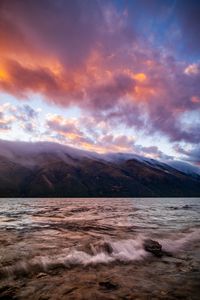 Preview wallpaper river, shore, fog, landscape, hills, waves, clouds