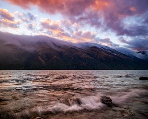 Preview wallpaper river, shore, fog, landscape, hills, waves, clouds