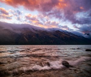 Preview wallpaper river, shore, fog, landscape, hills, waves, clouds