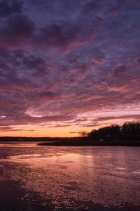 Preview wallpaper river, shore, forest, sunset, dark
