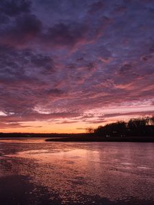 Preview wallpaper river, shore, forest, sunset, dark