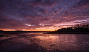 Preview wallpaper river, shore, forest, sunset, dark