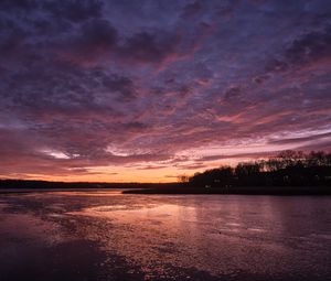 Preview wallpaper river, shore, forest, sunset, dark