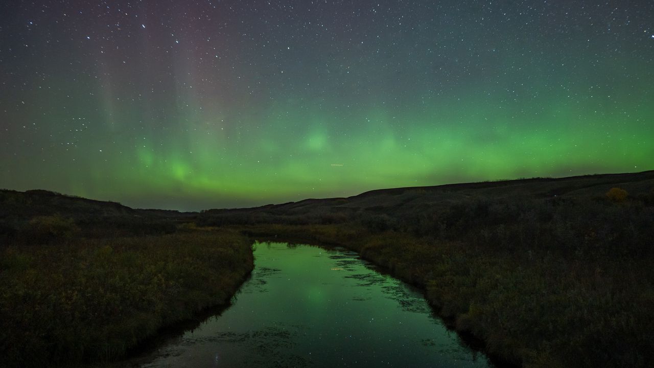 Wallpaper river, shore, grass, northern lights, night