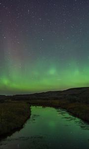 Preview wallpaper river, shore, grass, northern lights, night