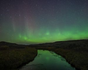 Preview wallpaper river, shore, grass, northern lights, night