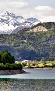 Preview wallpaper river, shore, mountain, village, landscape