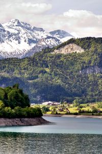 Preview wallpaper river, shore, mountain, village, landscape