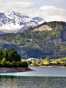 Preview wallpaper river, shore, mountain, village, landscape