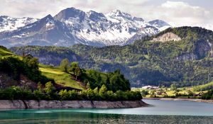 Preview wallpaper river, shore, mountain, village, landscape