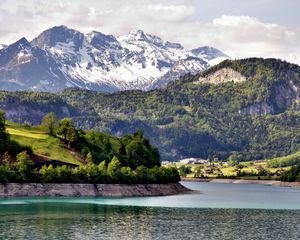 Preview wallpaper river, shore, mountain, village, landscape